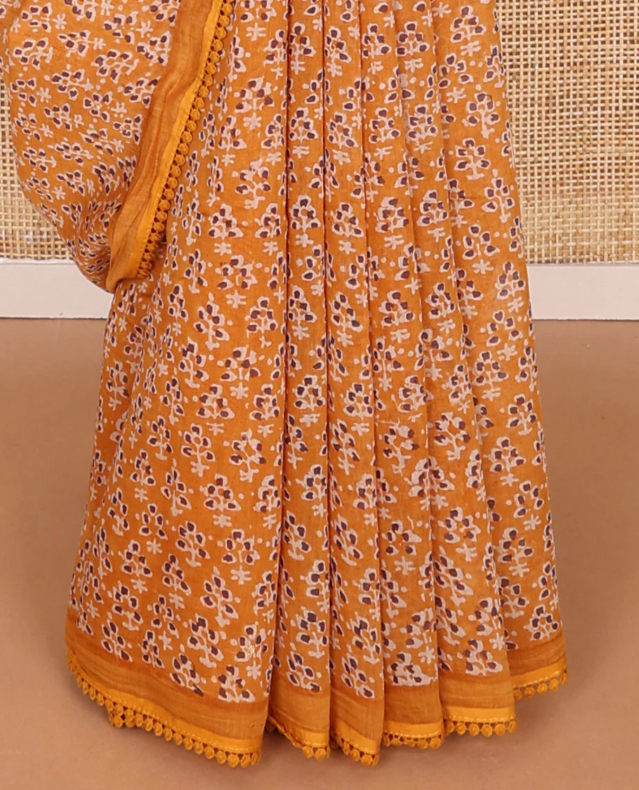 Orange floral design chanderi cotton saree with self plain border - Image 4