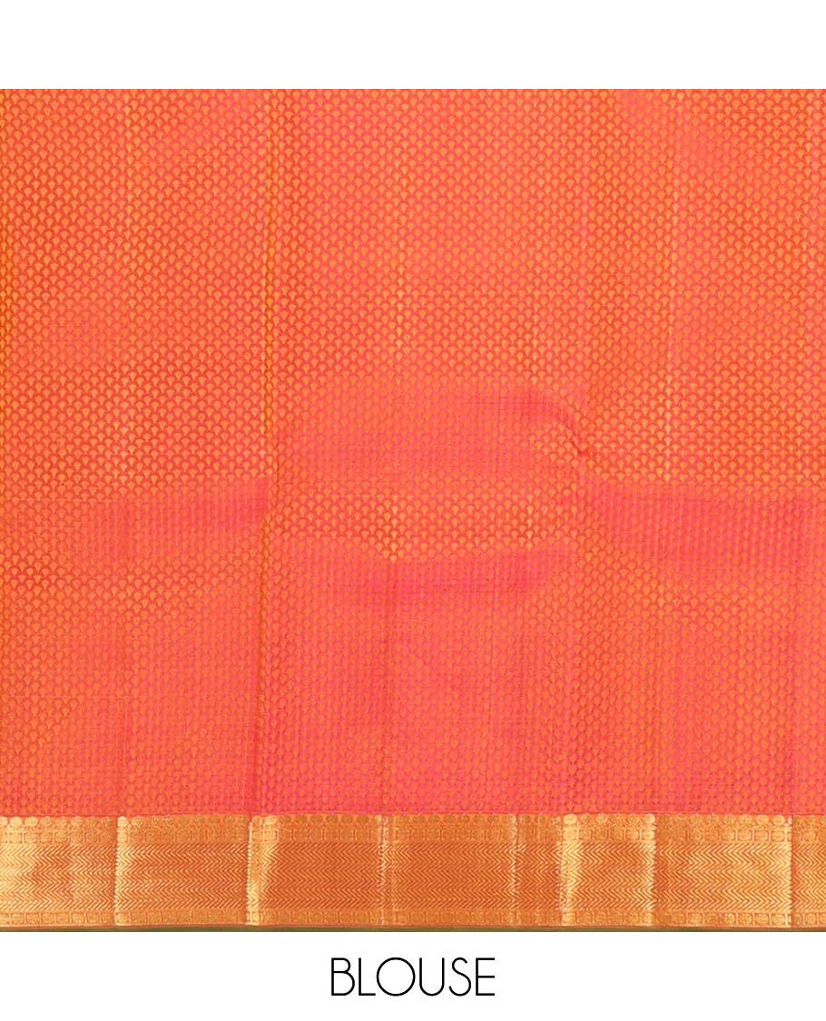 Orange floral design Parampara silk saree with contrast border of thilakam mokku, paun, vanki design & floral pallu - Image 6