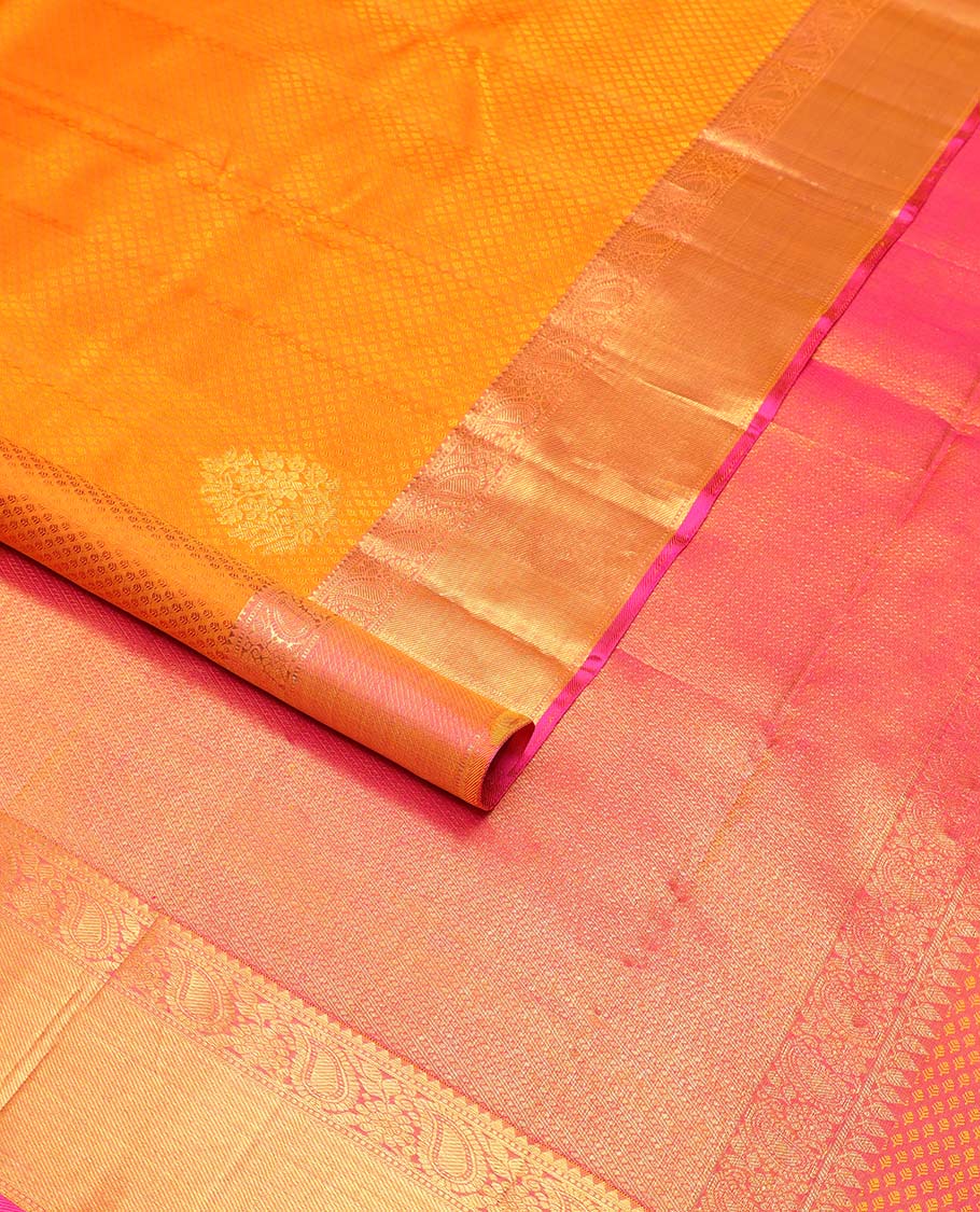 Orange floral jaal design Parampara silk saree with contrast border of rekku, muthu, manga, banaras design & zari design pallu - Image 2