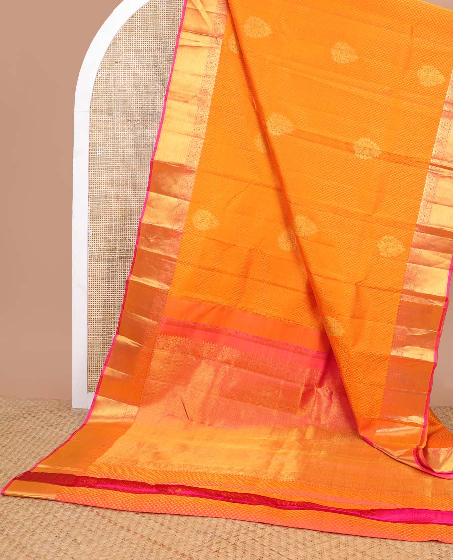 Orange floral jaal design Parampara silk saree with contrast border of rekku, muthu, manga, banaras design & zari design pallu - Image 3