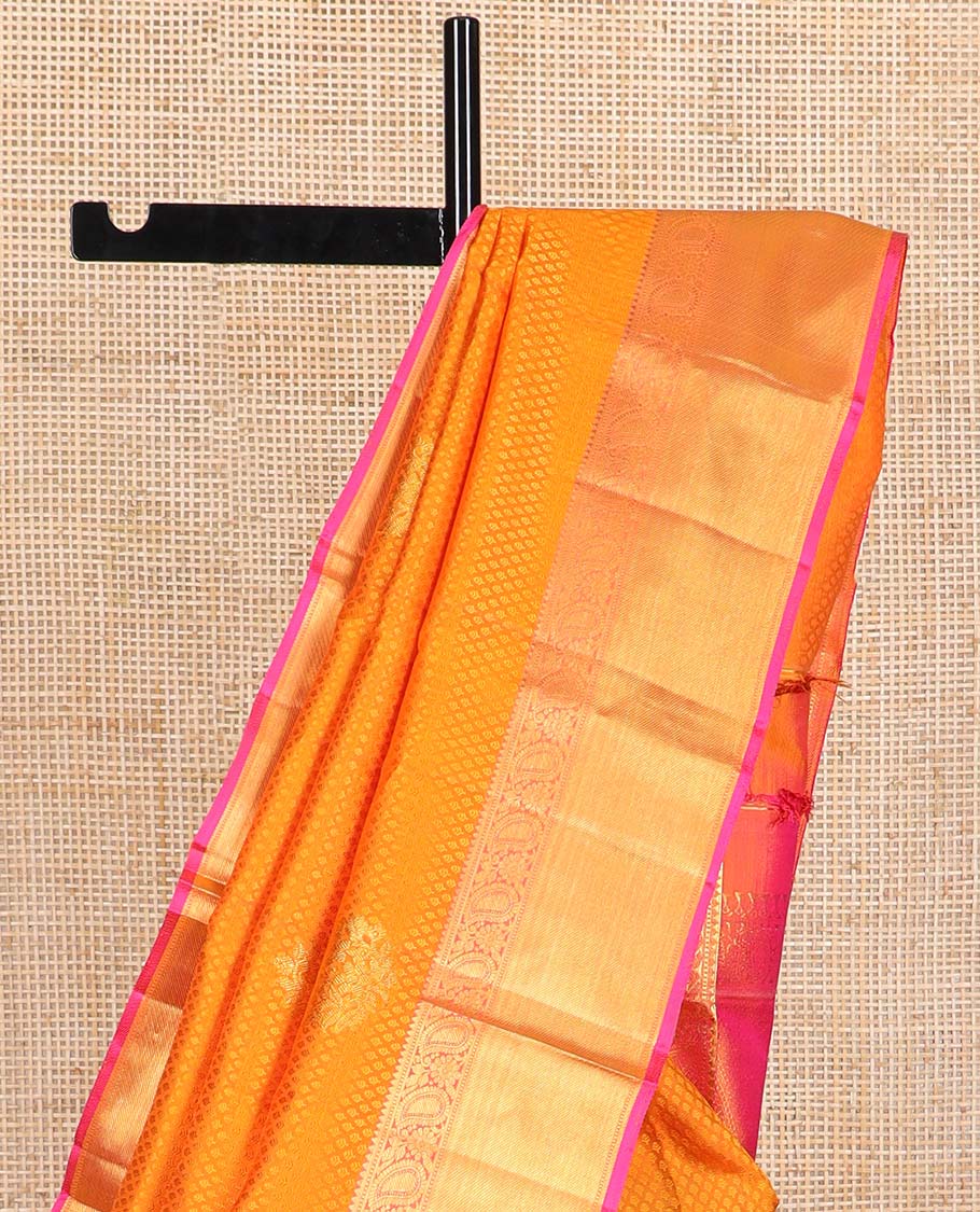 Orange floral jaal design Parampara silk saree with contrast border of rekku, muthu, manga, banaras design & zari design pallu - Image 4