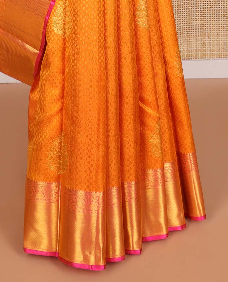 Orange floral jaal design Parampara silk saree with contrast border of rekku, muthu, manga, banaras design & zari design pallu - Image 5