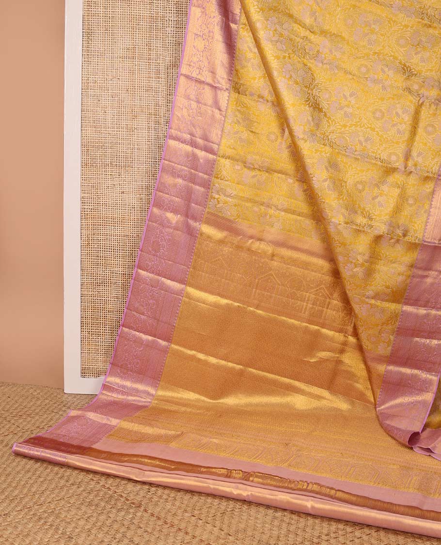 Orange floral jacquard kancheepuram silk saree with contrast thilakam mokku, muthu, kodi visiry, ara madam design & jaal design pallu - Image 3