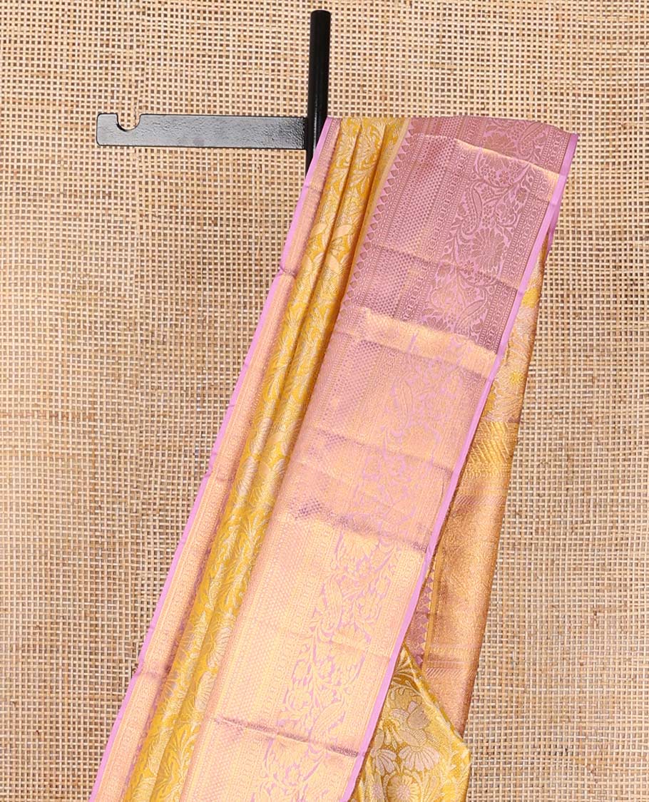 Orange floral jacquard kancheepuram silk saree with contrast thilakam mokku, muthu, kodi visiry, ara madam design & jaal design pallu - Image 4