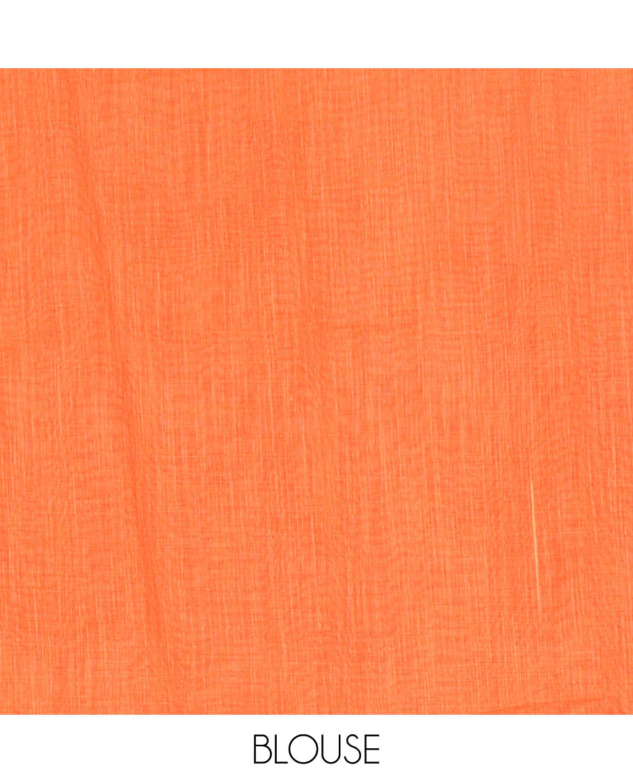 Orange floral motifs printed linen cotton saree with contrast kalamkari floral vine printed border, floral vine printed pallu, and a plain blouse - Image 3