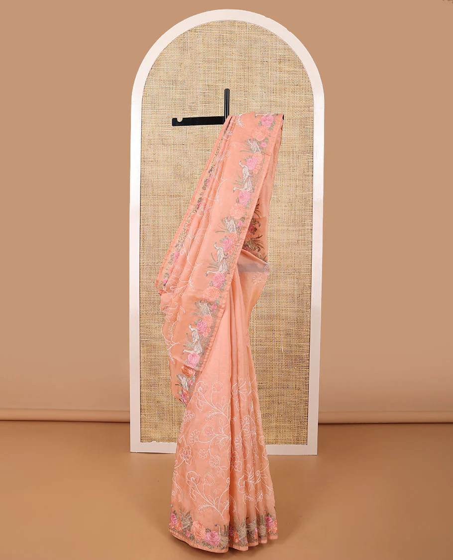 Orange floral thread embroidery organza saree with self floral, bird embroidery border - Image 2