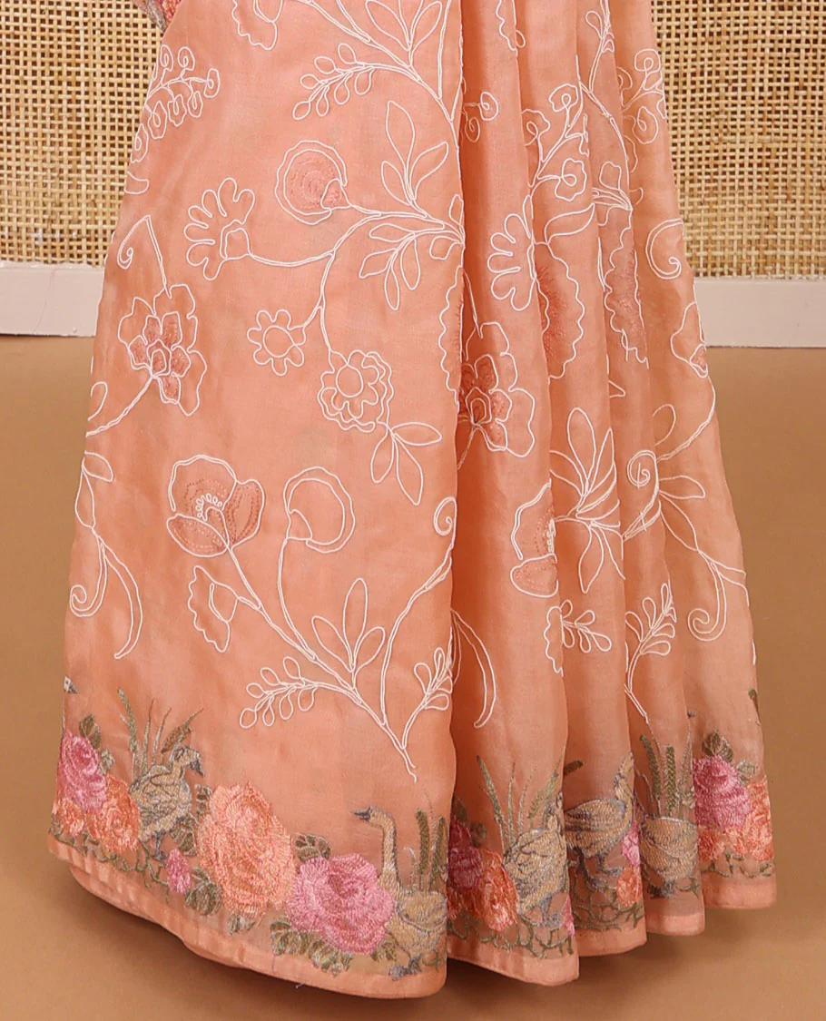 Orange floral thread embroidery organza saree with self floral, bird embroidery border - Image 4