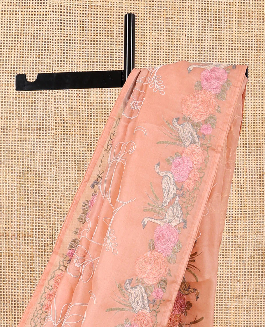 Orange floral thread embroidery organza saree with self floral, bird embroidery border - Image 5