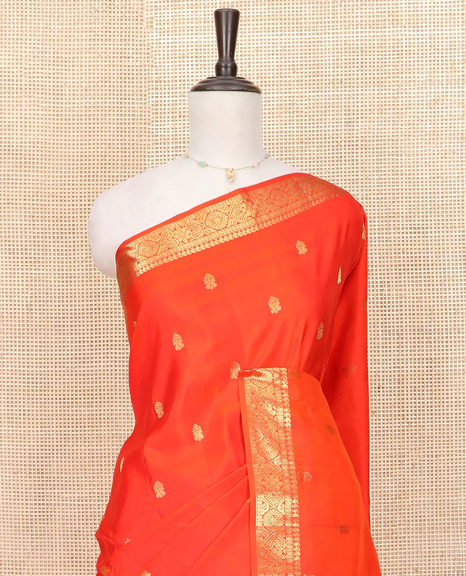 Orange Gadwal Saree Accentuated with Zari Buttas, Traditional Zari Design Border, Pallu Complemented with Multi-Coloured Checks, and a Contrast Blouse - Image 2