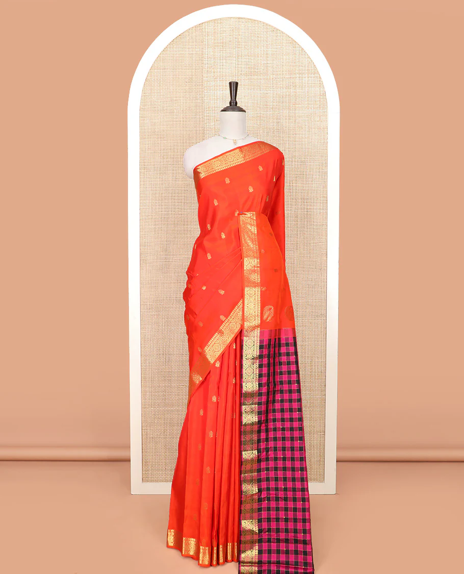 Orange Gadwal Saree Accentuated with Zari Buttas, Traditional Zari Design Border, Pallu Complemented with Multi-Coloured Checks, and a Contrast Blouse - Image 3