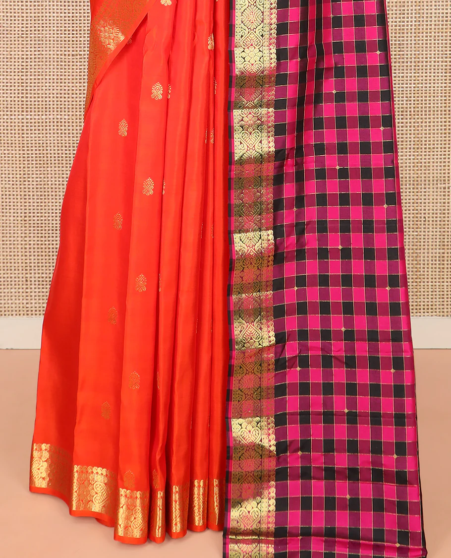 Orange Gadwal Saree Accentuated with Zari Buttas, Traditional Zari Design Border, Pallu Complemented with Multi-Coloured Checks, and a Contrast Blouse - Image 4