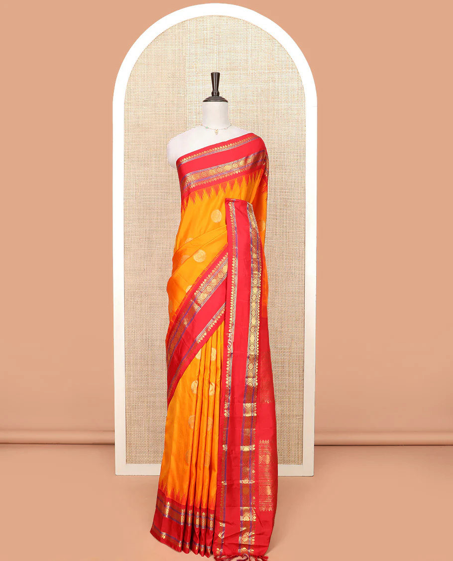 Orange Gadwal Saree Zari Accentuated with Chakra Buttas, Contrast Temple Border of Traditional Zari Designs, Pallu of Zari Designs, and a Contrast Blouse Complemented with Zari Designs - Image 3