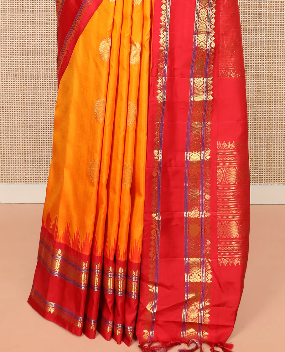 Orange Gadwal Saree Zari Accentuated with Chakra Buttas, Contrast Temple Border of Traditional Zari Designs, Pallu of Zari Designs, and a Contrast Blouse Complemented with Zari Designs - Image 4
