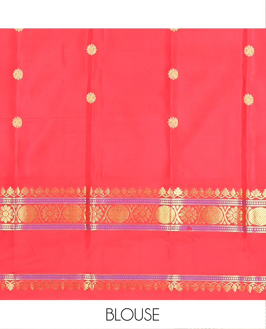 Orange Gadwal Saree Zari Accentuated with Chakra Buttas, Contrast Temple Border of Traditional Zari Designs, Pallu of Zari Designs, and a Contrast Blouse Complemented with Zari Designs - Image 5