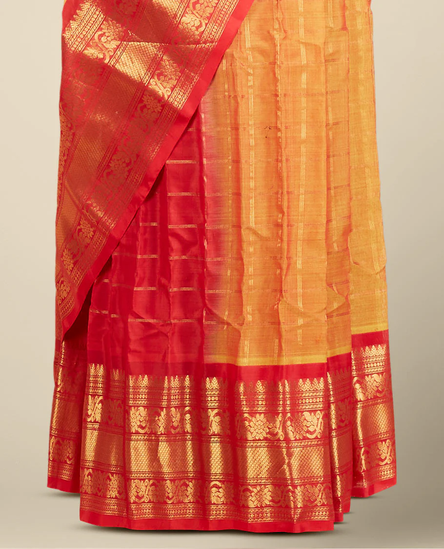 Orange gadwal silk saree with zari designs, contrast traditional design border & pallu of intricate designs - Image 3
