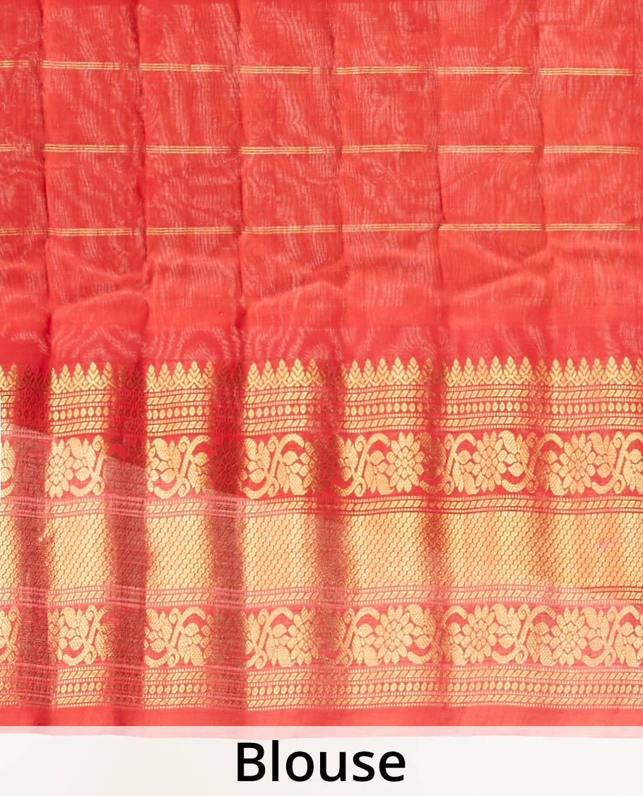 Orange gadwal silk saree with zari designs, contrast traditional design border & pallu of intricate designs - Image 4