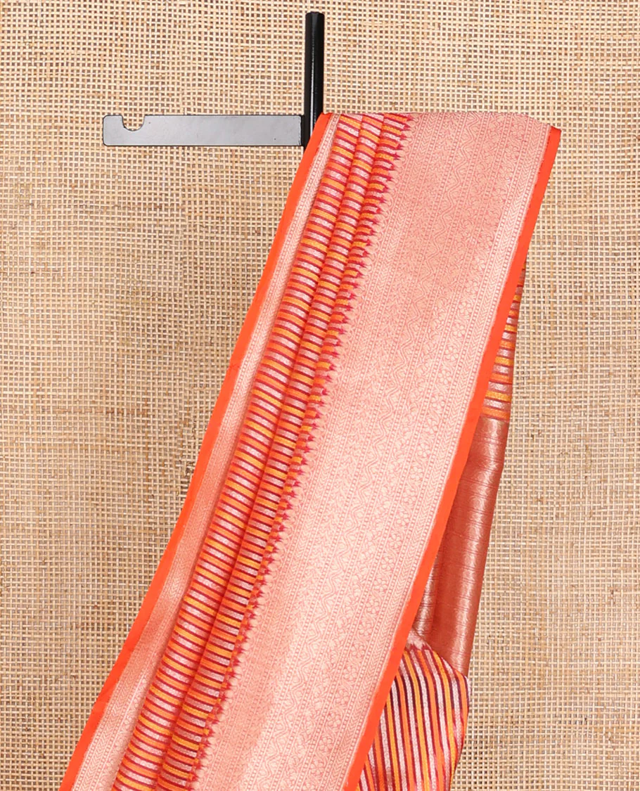 Orange geometric patterns striped organza saree, contrast traditional zari design border & zari-rich intricate pallu - Image 6