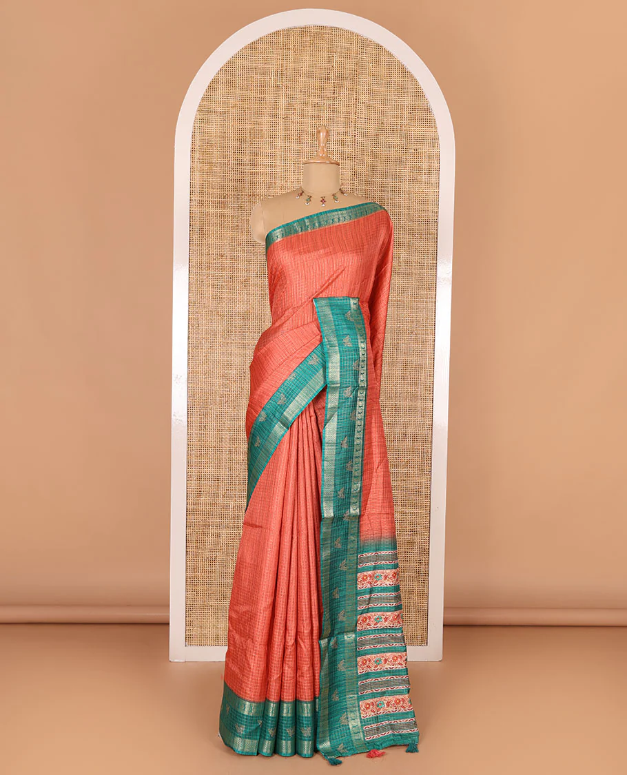 Orange gold zari checked katan silk saree with contrast traditional zari border of butterfly print, floral vine printed pallu, and a contrast printed blouse - Image 2