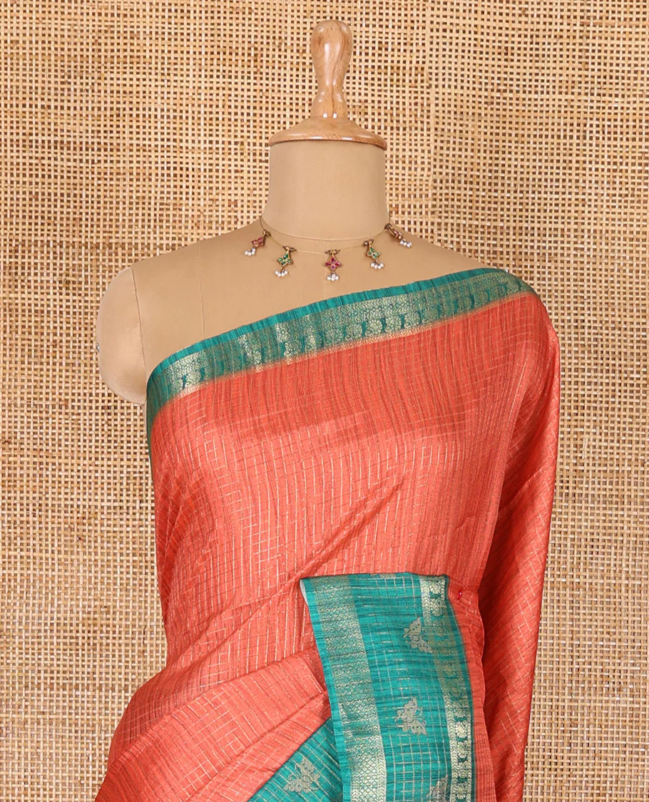 Orange gold zari checked katan silk saree with contrast traditional zari border of butterfly print, floral vine printed pallu, and a contrast printed blouse - Image 3