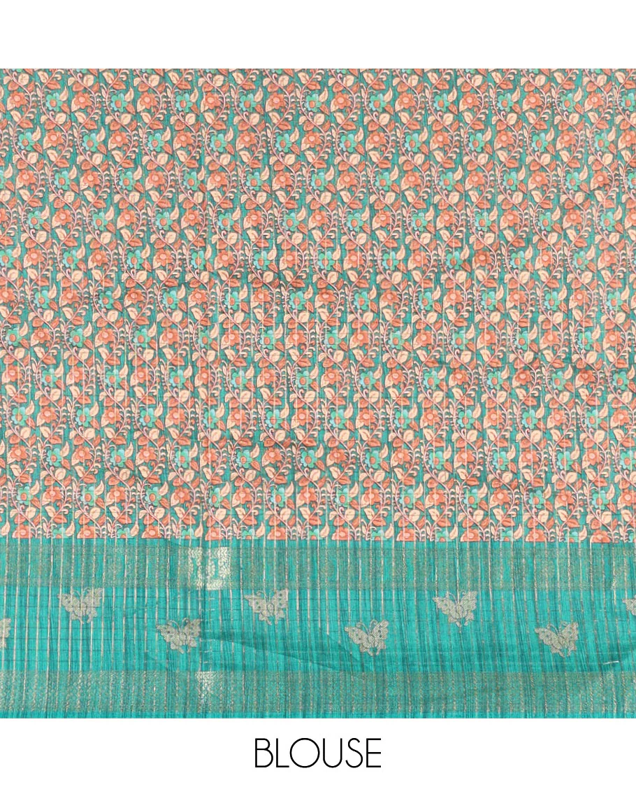 Orange gold zari checked katan silk saree with contrast traditional zari border of butterfly print, floral vine printed pallu, and a contrast printed blouse - Image 4