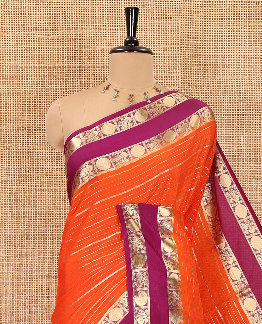 Orange gold zari design art crepe saree, contrast rettai pettu, peacock chakram zari border, zari-rich pallu, and a contrast zari design blouse - Image 2