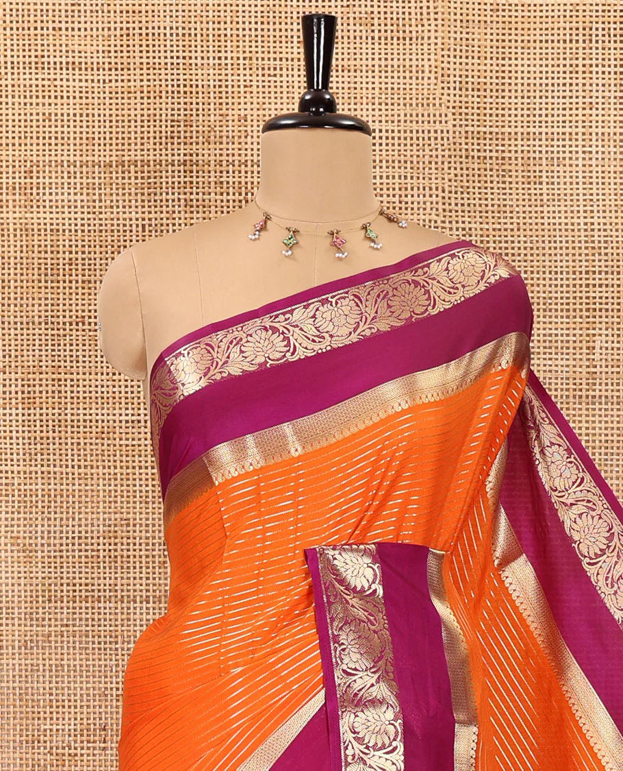 Orange gold zari horizontal striped art crepe saree, contrast rettai pettu, floral creeper zari border, zari design pallu, and a contrast zari design blouse - Image 2