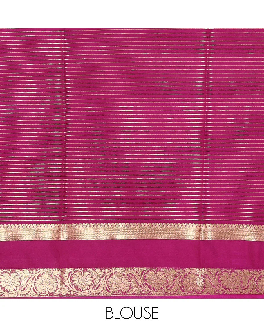 Orange gold zari horizontal striped art crepe saree, contrast rettai pettu, floral creeper zari border, zari design pallu, and a contrast zari design blouse - Image 3