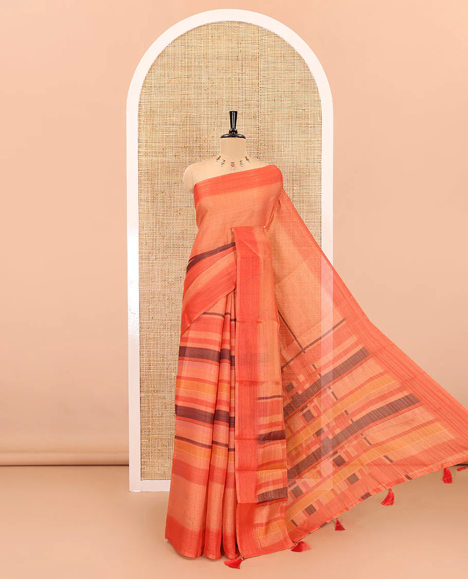 Orange horizontally striped linen cotton saree, contrast border, striped pallu, and a horizontal striped blouse
