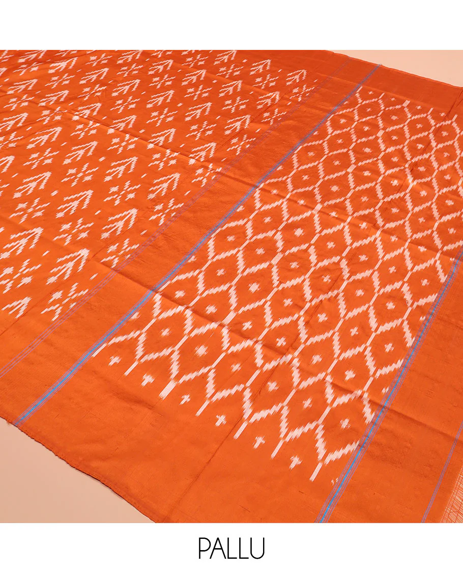 Orange Ikkat Silk Saree Decked with Ikkat Buttas, Featuring a Subtle Plain Border, Complemented by a Pallu Woven in an Ogee Pattern with Ikkat Texture - Image 5