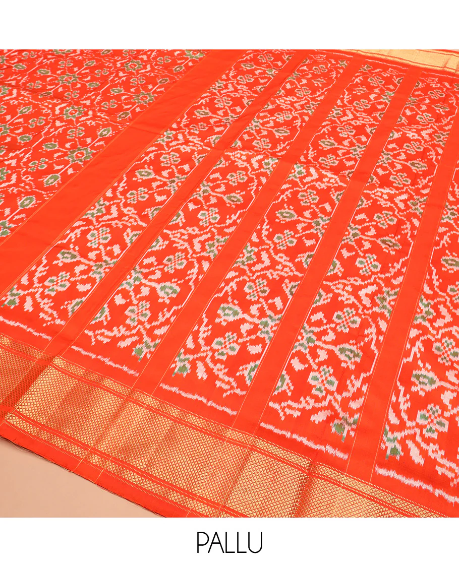 Orange Ikkat Silk Saree Hazily Woven in Ikkat Floral Design Across the Body, Featuring a Zari Border, Pallu of Ikkat Weave, and Paired with a Matching Blouse - Image 5