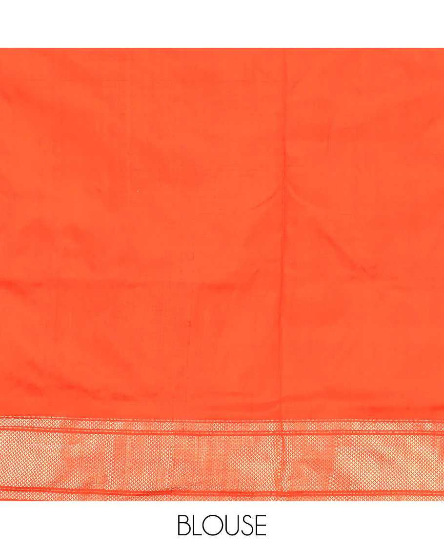 Orange Ikkat Silk Saree Hazily Woven in Ikkat Floral Design Across the Body, Featuring a Zari Border, Pallu of Ikkat Weave, and Paired with a Matching Blouse - Image 6