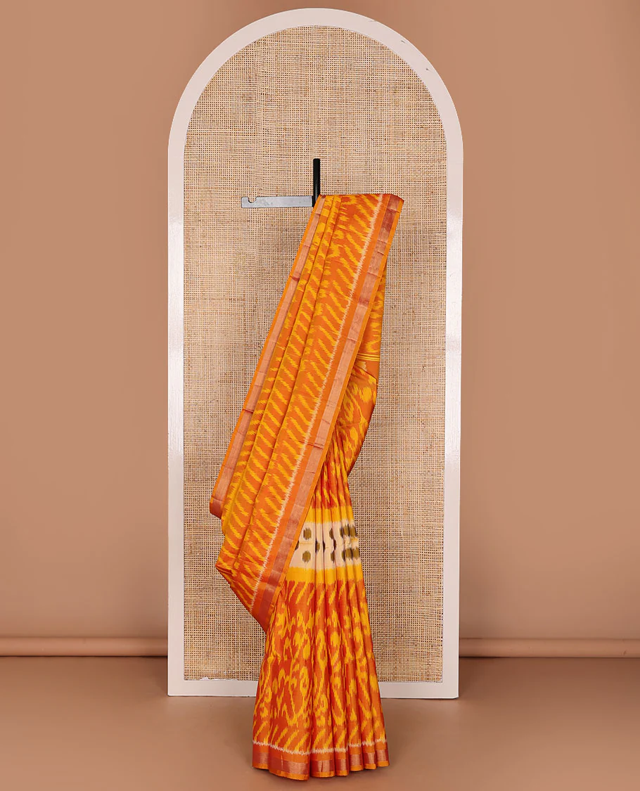 Orange intricately ikkat design woven pure ikkat saree, zari border & pallu of ikkat designs - Image 2