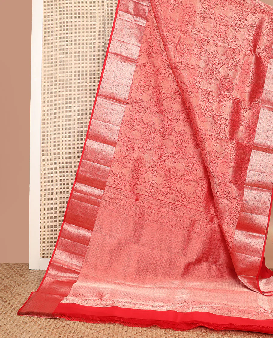 Orange iruthalai pakshi jacquard Kanchipuram wedding silk saree, zari traditional design border, and pallu of zari-rich jaal - Image 3