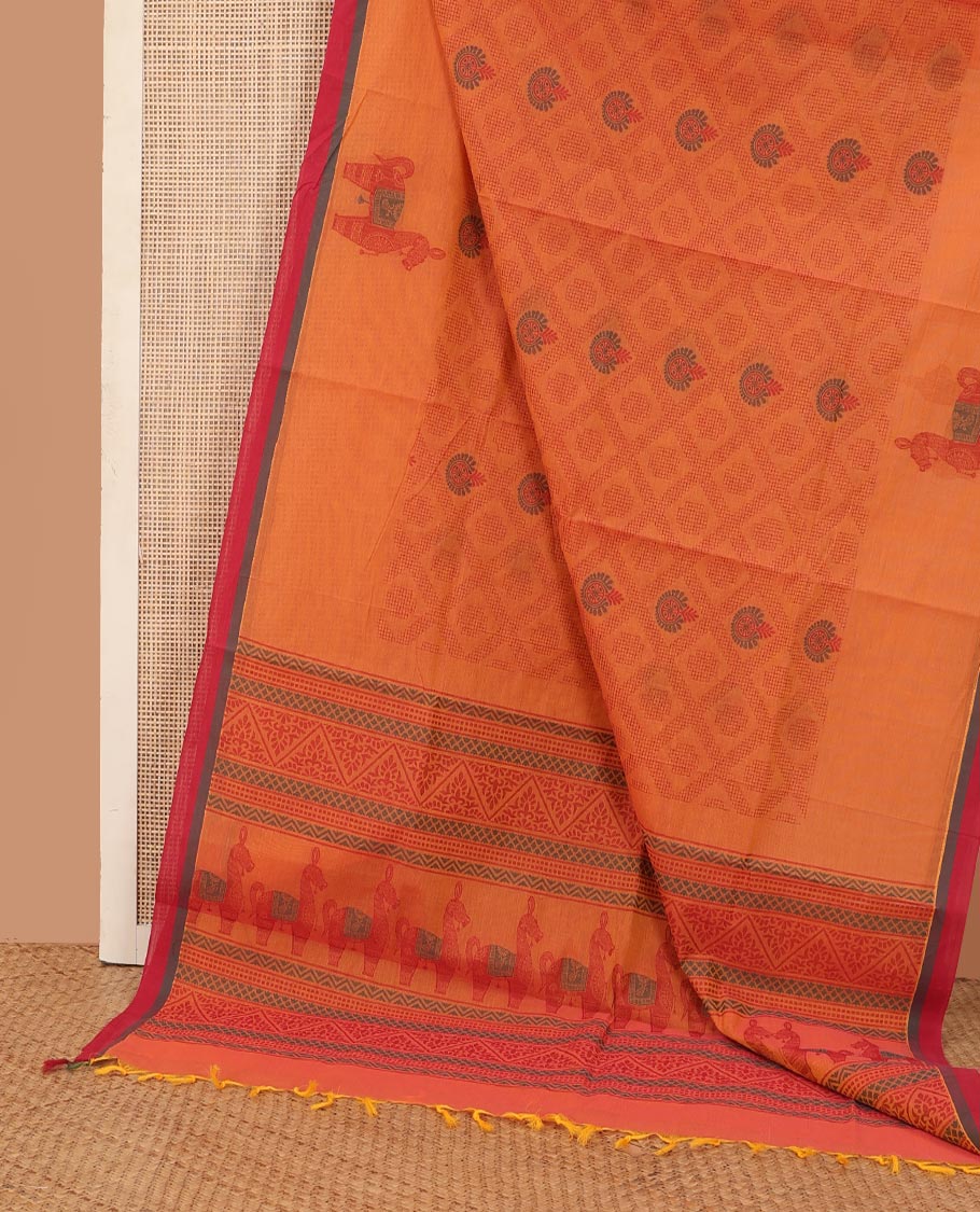 Orange jaal design Kanchi cotton saree, contrast border, and pallu of geometric and animal motifs designs - Image 2