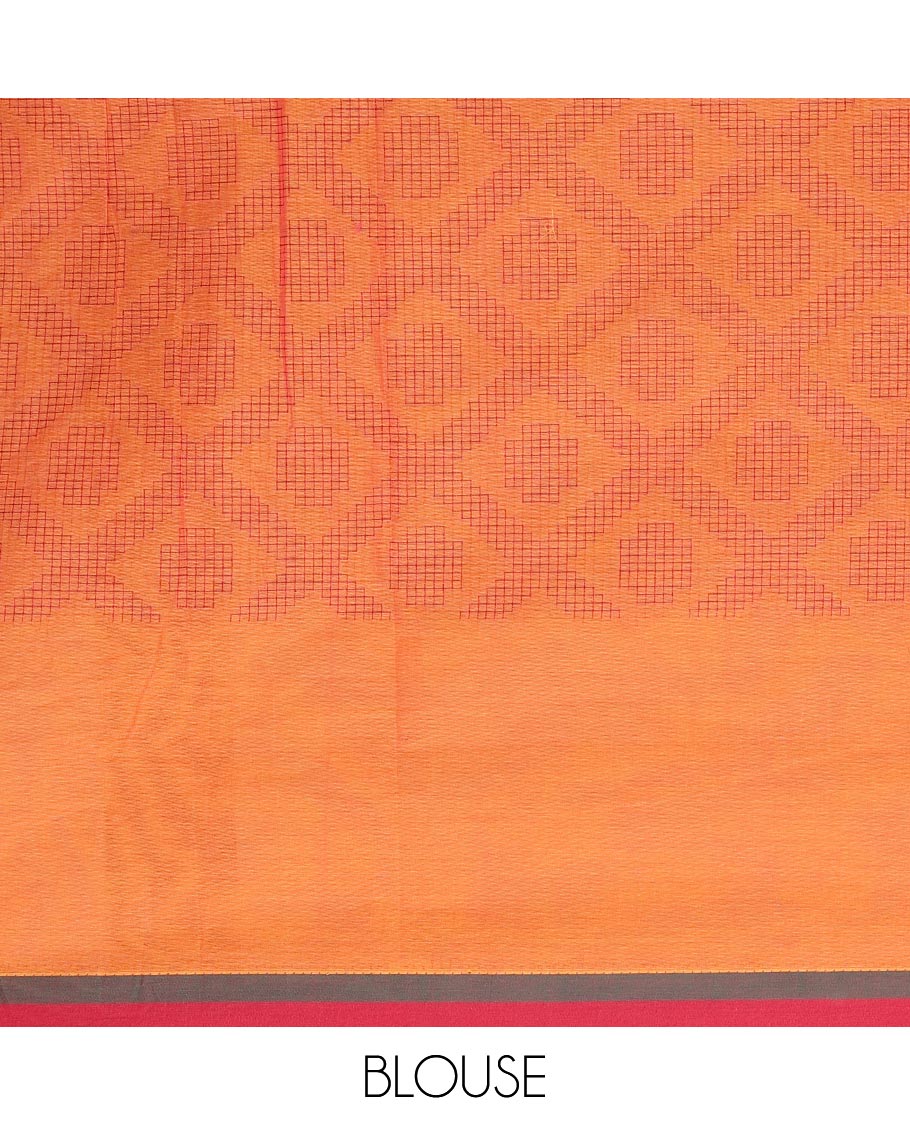 Orange jaal design Kanchi cotton saree, contrast border, and pallu of geometric and animal motifs designs - Image 3
