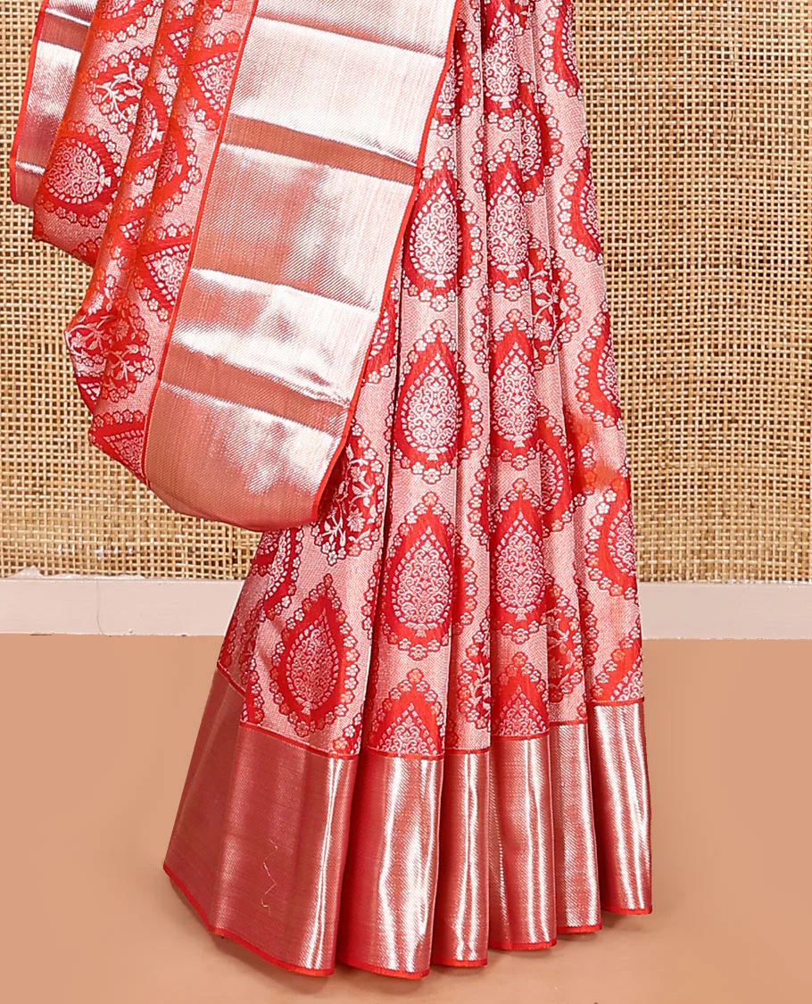 Orange jacquard kanchipuram silk saree, zari border, and zari woven pallu of intricate designs - Image 4