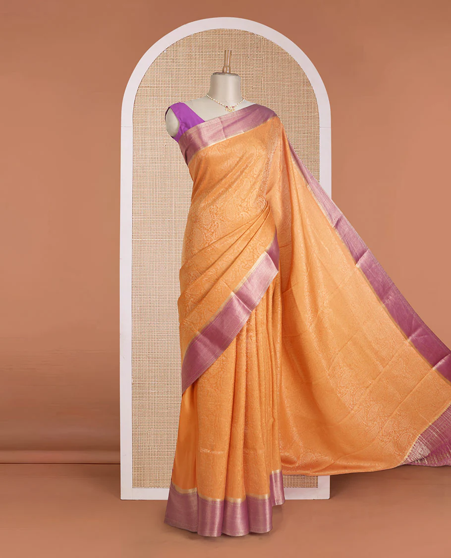 Orange jacquard Mysore silk saree, contrast traditional zari border, and chevron design pallu - Image 2