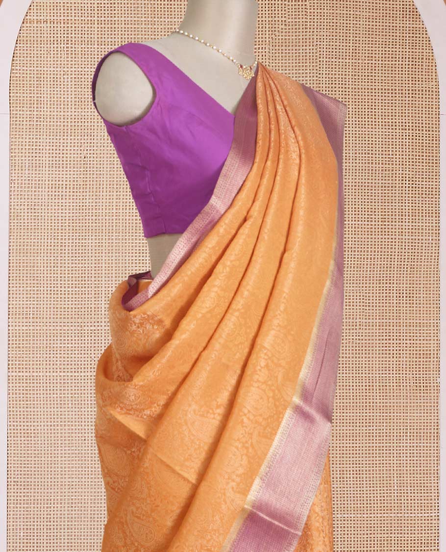 Orange jacquard Mysore silk saree, contrast traditional zari border, and chevron design pallu - Image 3