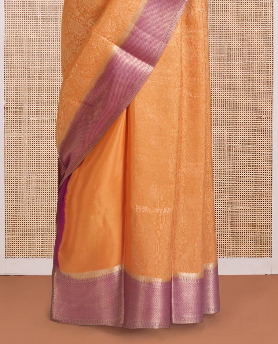 Orange jacquard Mysore silk saree, contrast traditional zari border, and chevron design pallu - Image 4