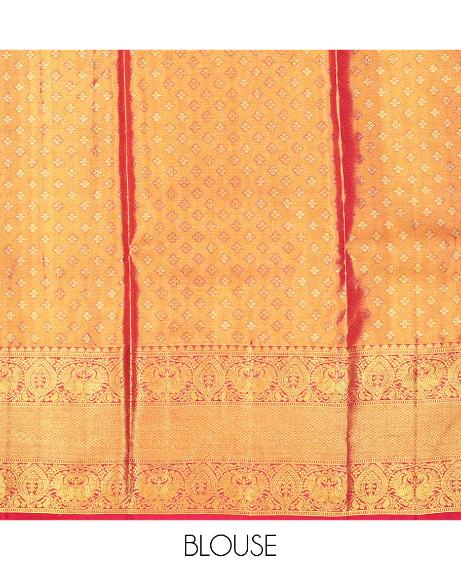 Orange jacquard pure silk half saree,jaal dhavani,contrast jacquard blouse & border of thilakam,muthu,mayil & mayil kann - Image 7