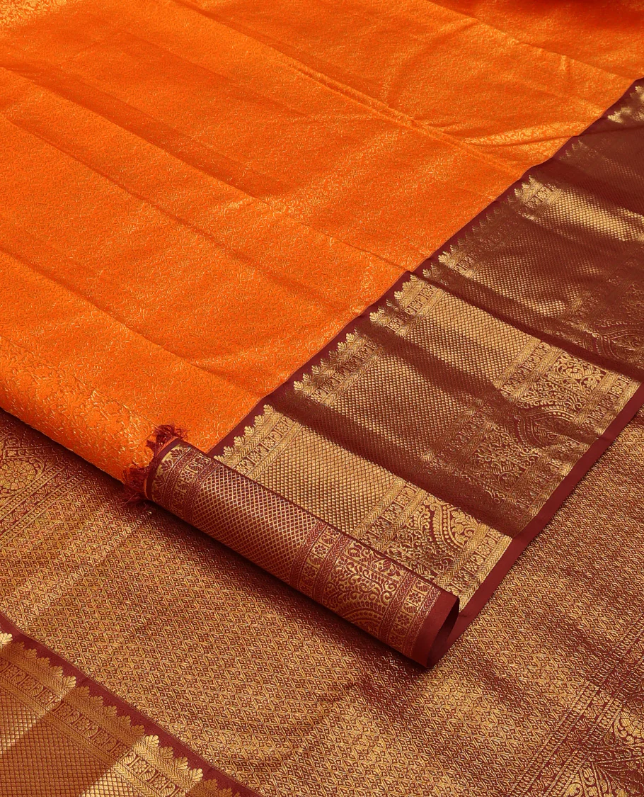 Orange jacquard wedding silk saree, contrast traditional zari design border, and zari-rich jaal pallu - Image 2