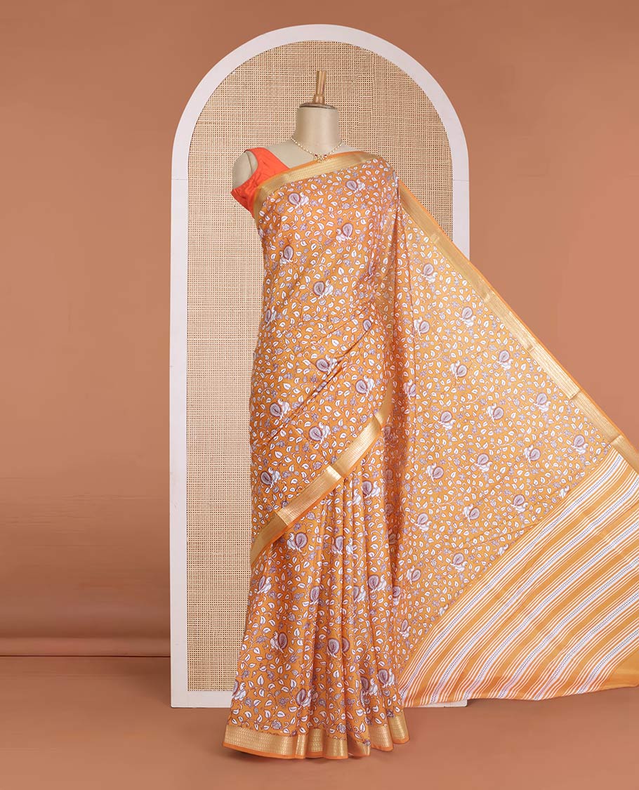 Orange kalamkari floral vine, and peacock printed silk saree, paisley zari motifs border, and striped pallu - Image 2