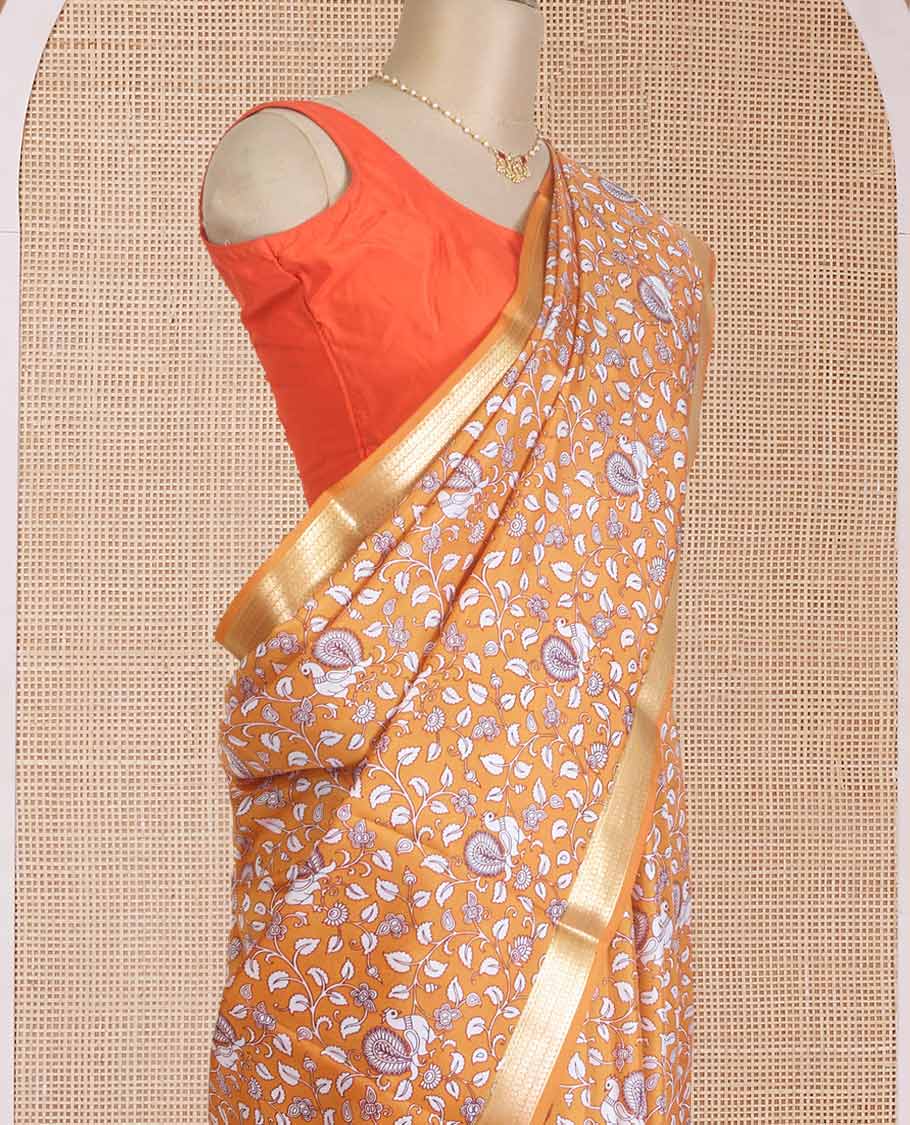 Orange kalamkari floral vine, and peacock printed silk saree, paisley zari motifs border, and striped pallu - Image 3