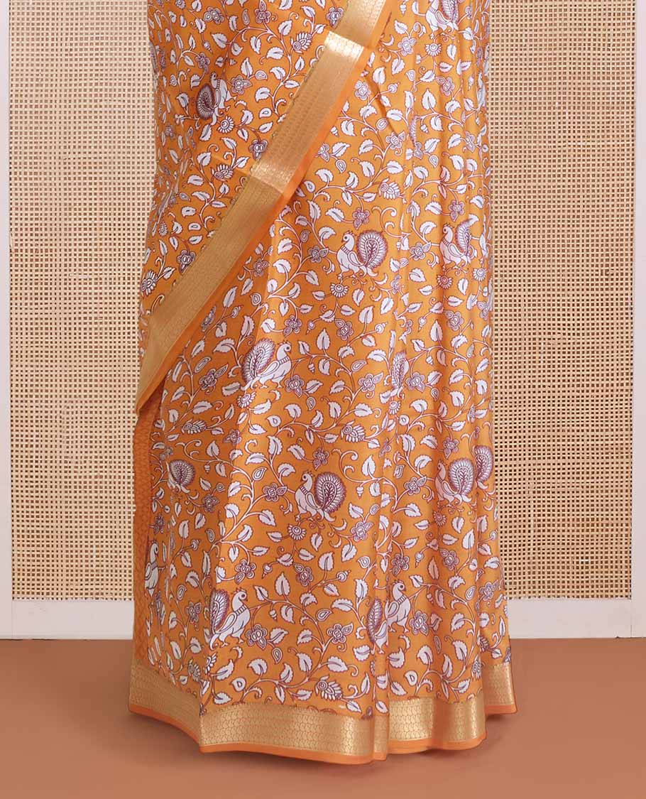 Orange kalamkari floral vine, and peacock printed silk saree, paisley zari motifs border, and striped pallu - Image 4