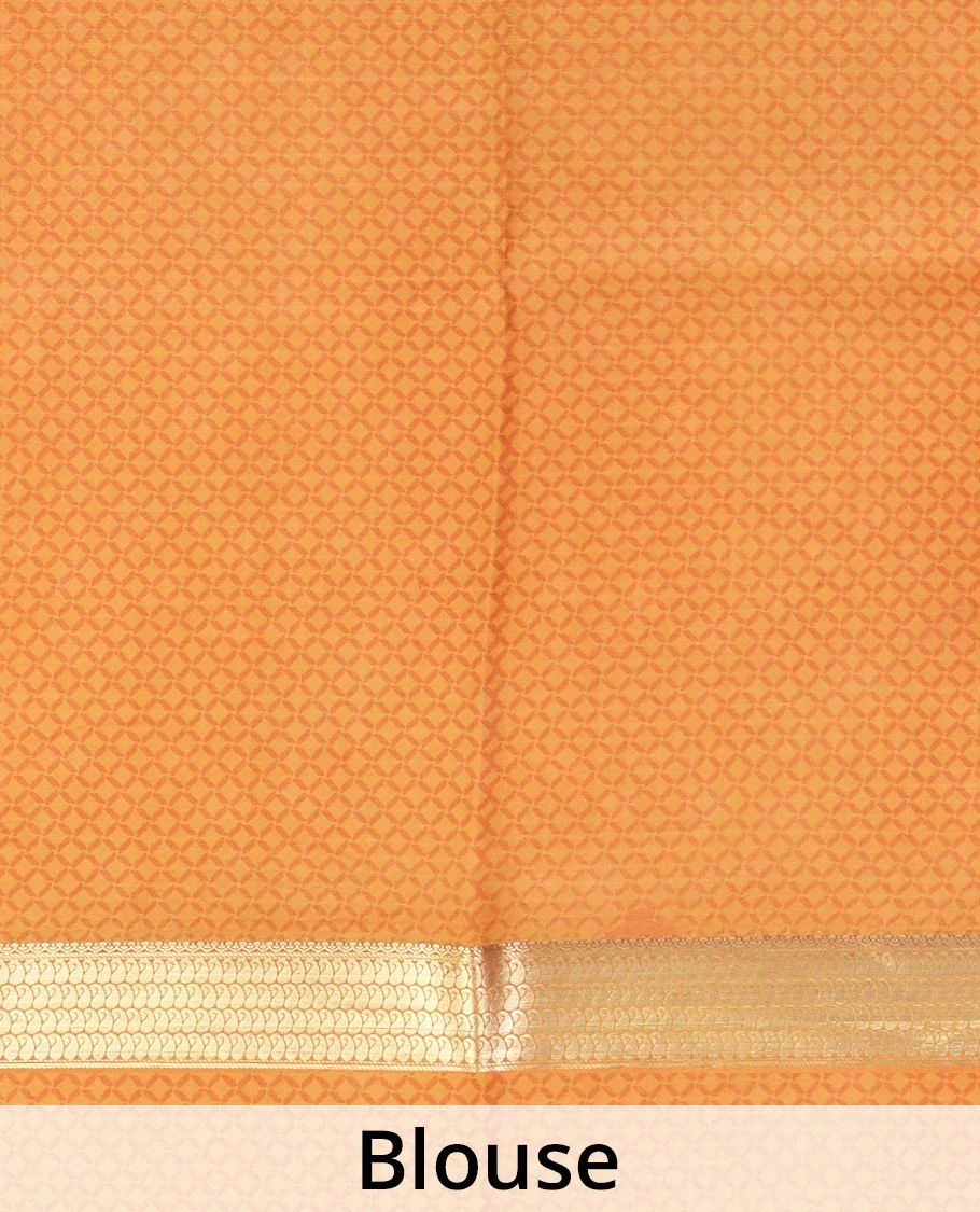 Orange kalamkari floral vine, and peacock printed silk saree, paisley zari motifs border, and striped pallu - Image 5