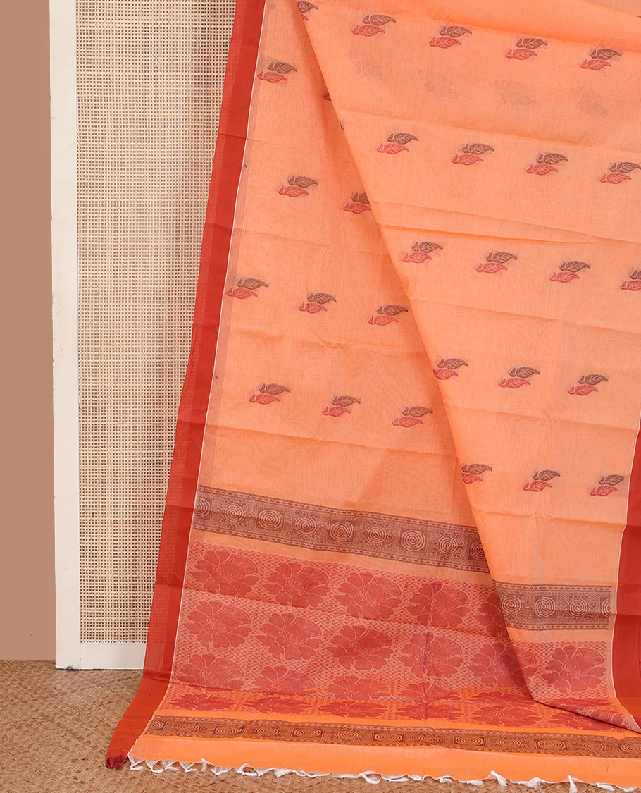 Orange leaf buttas kanchi cotton saree, contrast plain border, and floral design pallu - Image 2