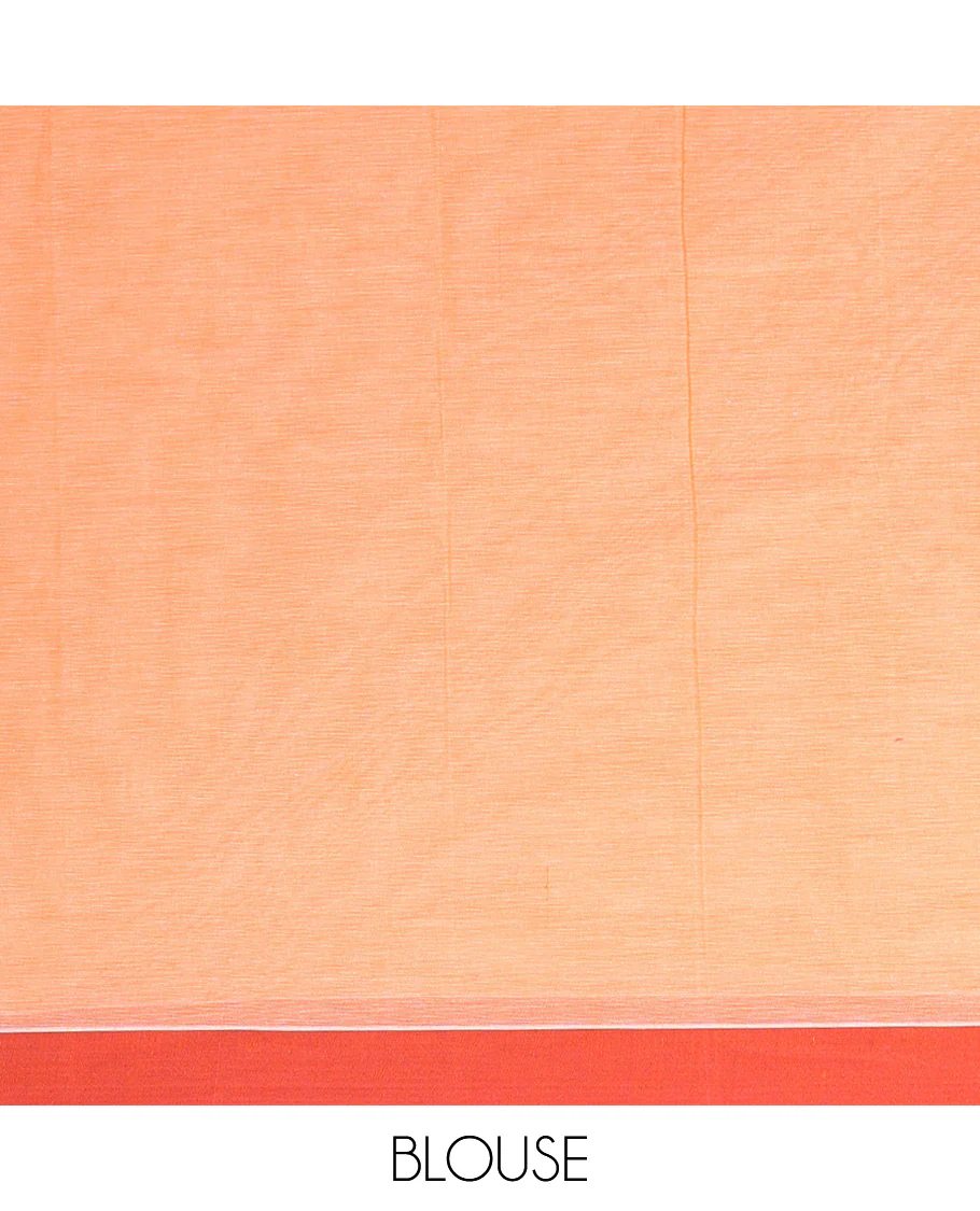 Orange leaf buttas kanchi cotton saree, contrast plain border, and floral design pallu - Image 3