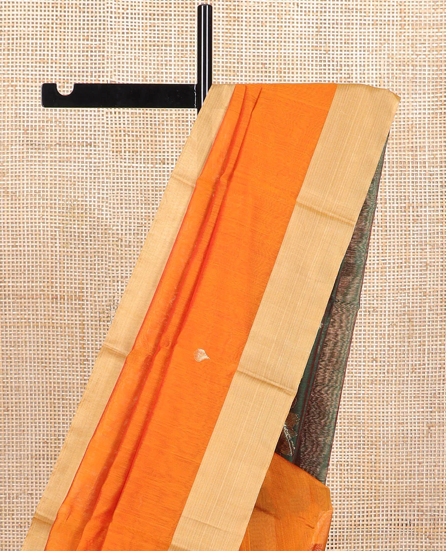 Orange leaf design chanderi cotton saree with self zari border & floral design pallu - Image 3