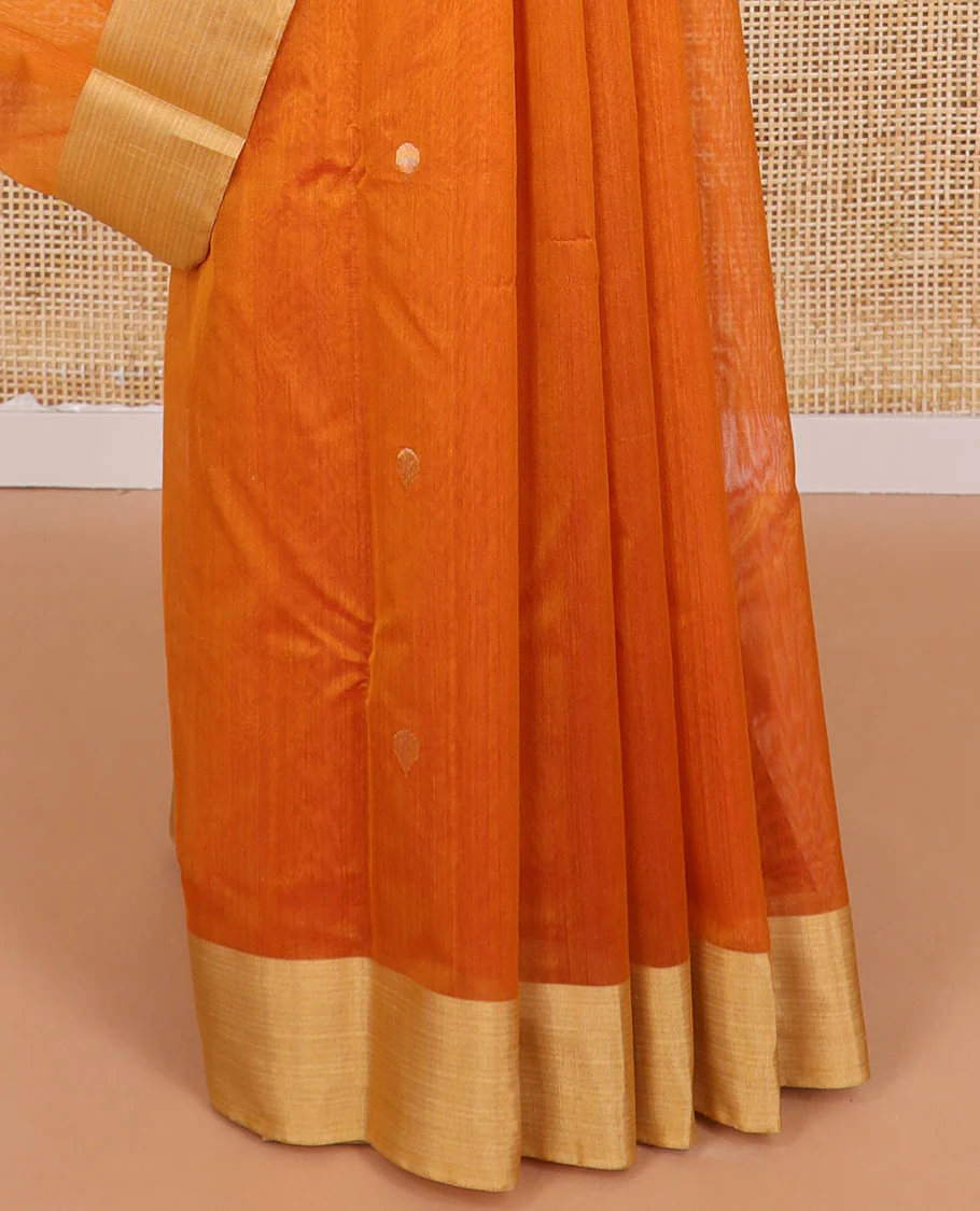 Orange leaf design chanderi cotton saree with self zari border & floral design pallu - Image 4