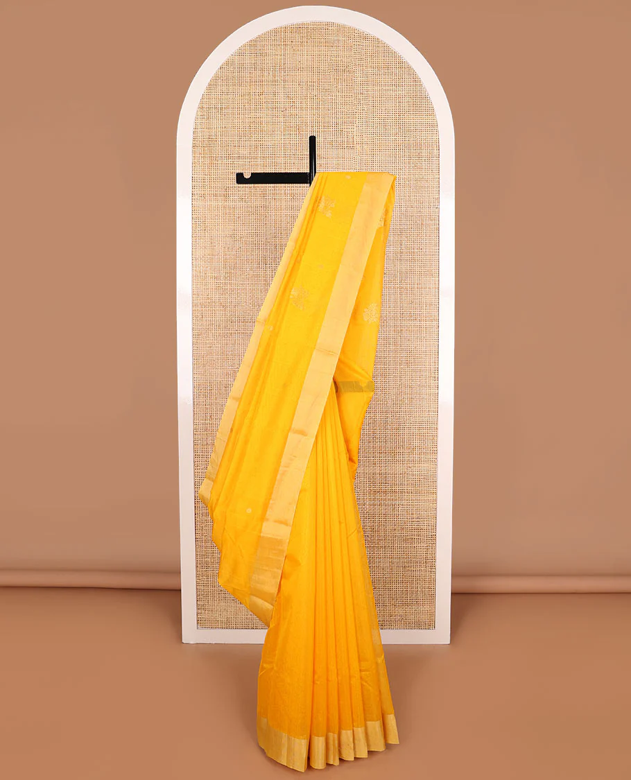 Orange leaf motifs chanderi cotton saree with contrast zari border & striped pallu